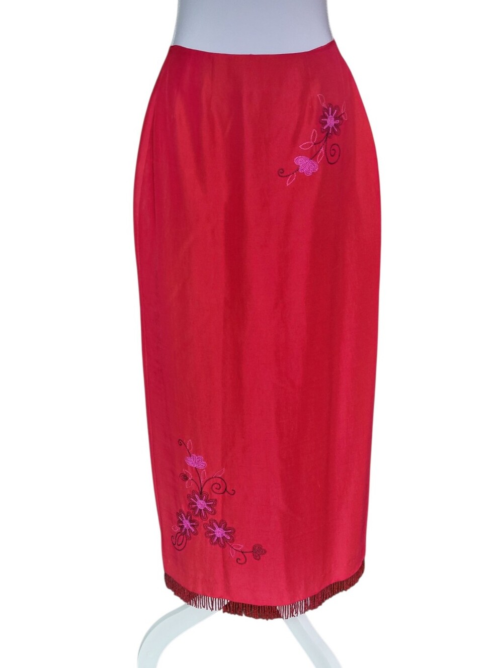 Vintage CLIO Red Silk Skirt With Floral Embroidery And Beaded Hem